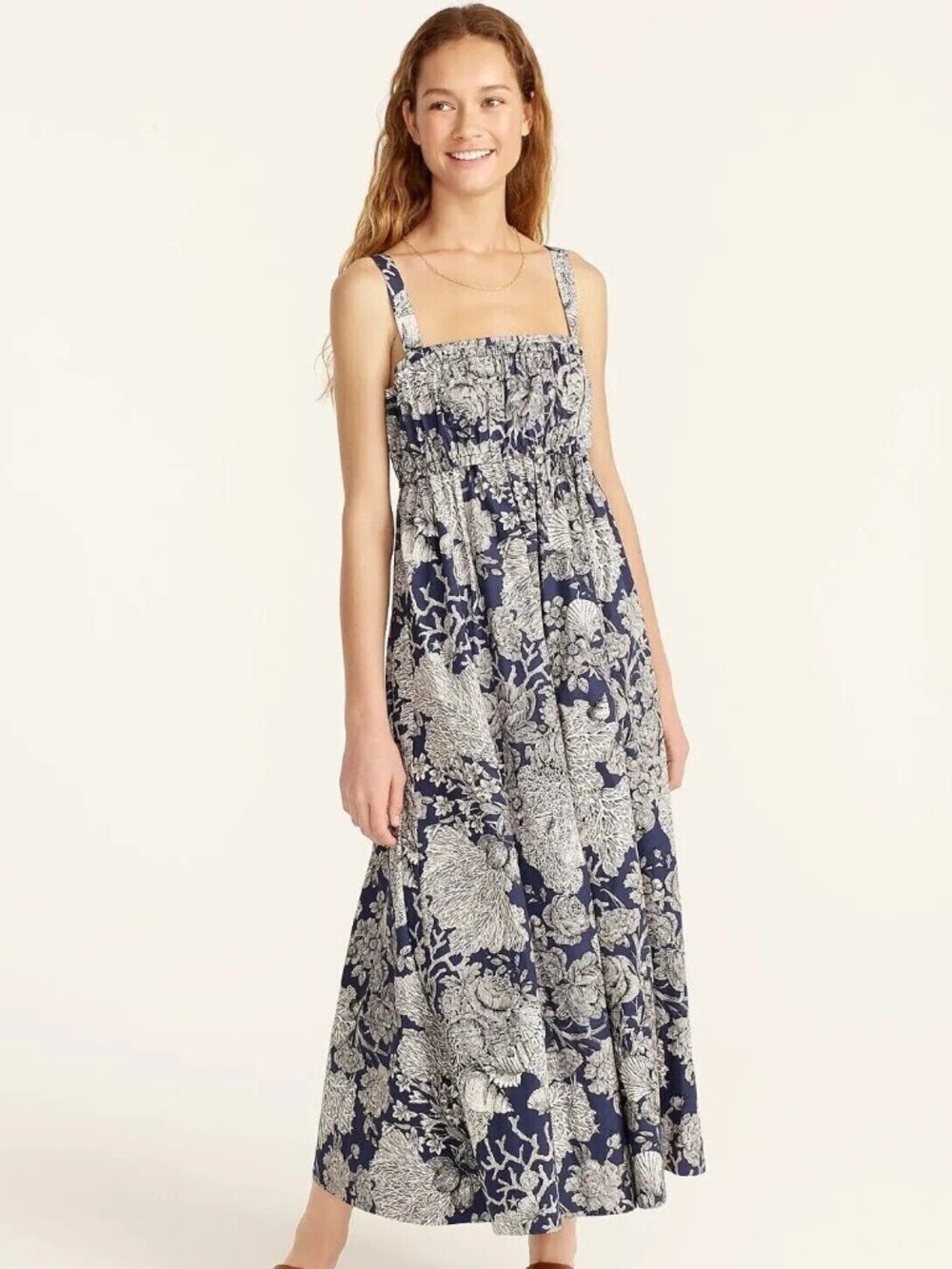 NWT J.Crew Collection Gathered Tank Midi in Navy Ratti® Seashell Print Dress 6